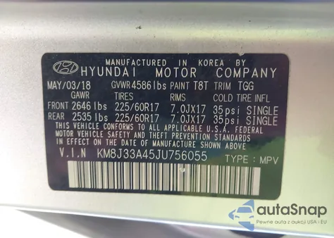 2018 Hyundai Tucson Sel z USA, uszkodzony, nr VIN KM8J33A45JU756055